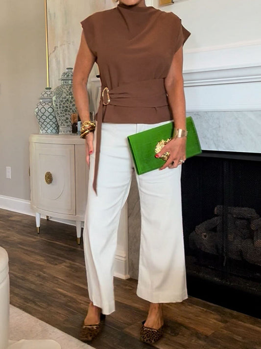 Buckle Tie Stand Collar Blouse