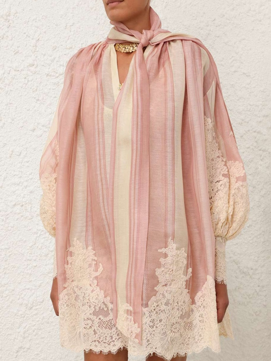 LACE EDGE TIE MINI DRESS