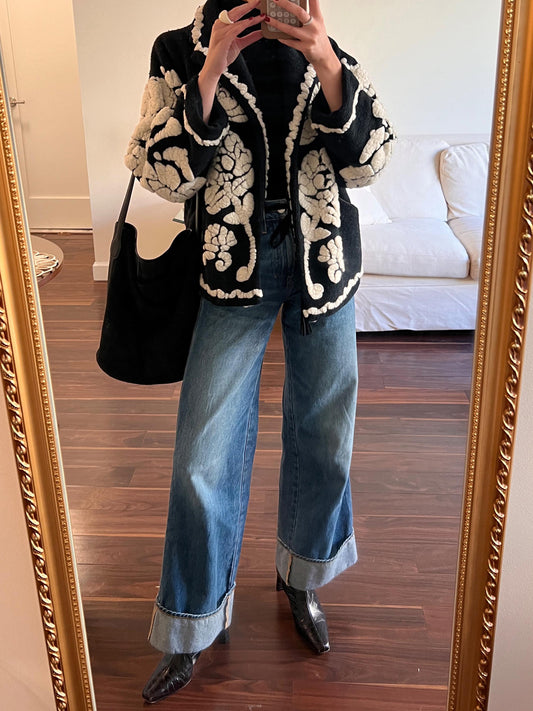 Shawl collar Floral Arabesque Fleece Coat