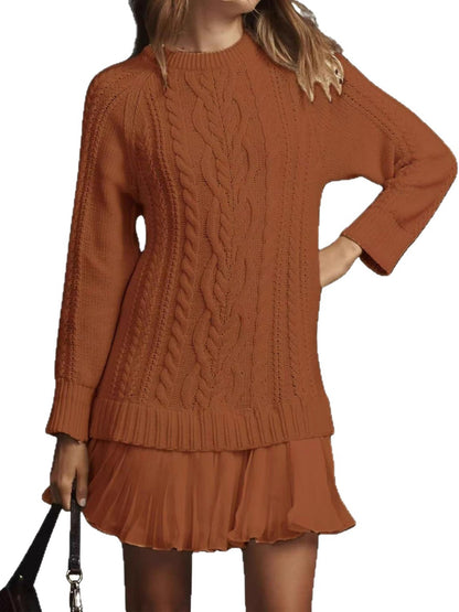 Cable Knit Sweater Dress Pleated Mini Dress