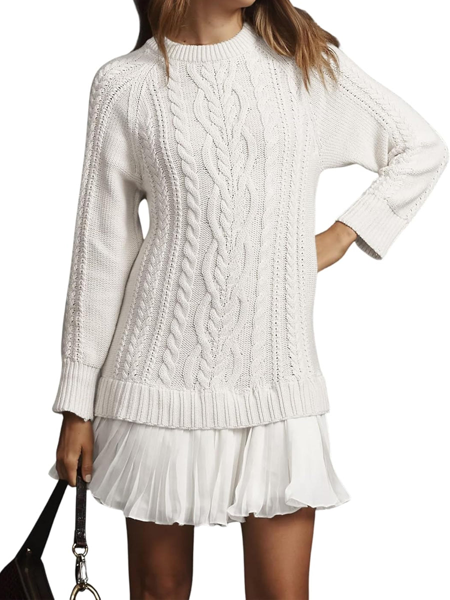 Cable Knit Sweater Dress Pleated Mini Dress