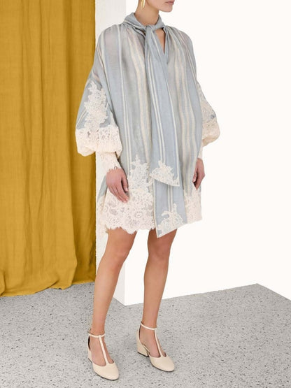 LACE EDGE TIE MINI DRESS