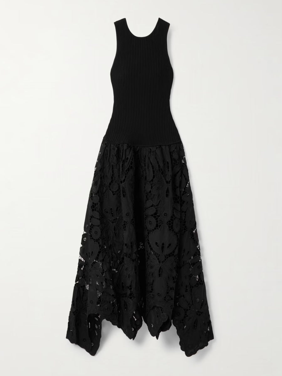 Asymmetric Ribbed-Knit And Guipure Lace Midi Dress