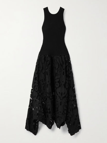 Asymmetric Ribbed-Knit And Guipure Lace Midi Dress