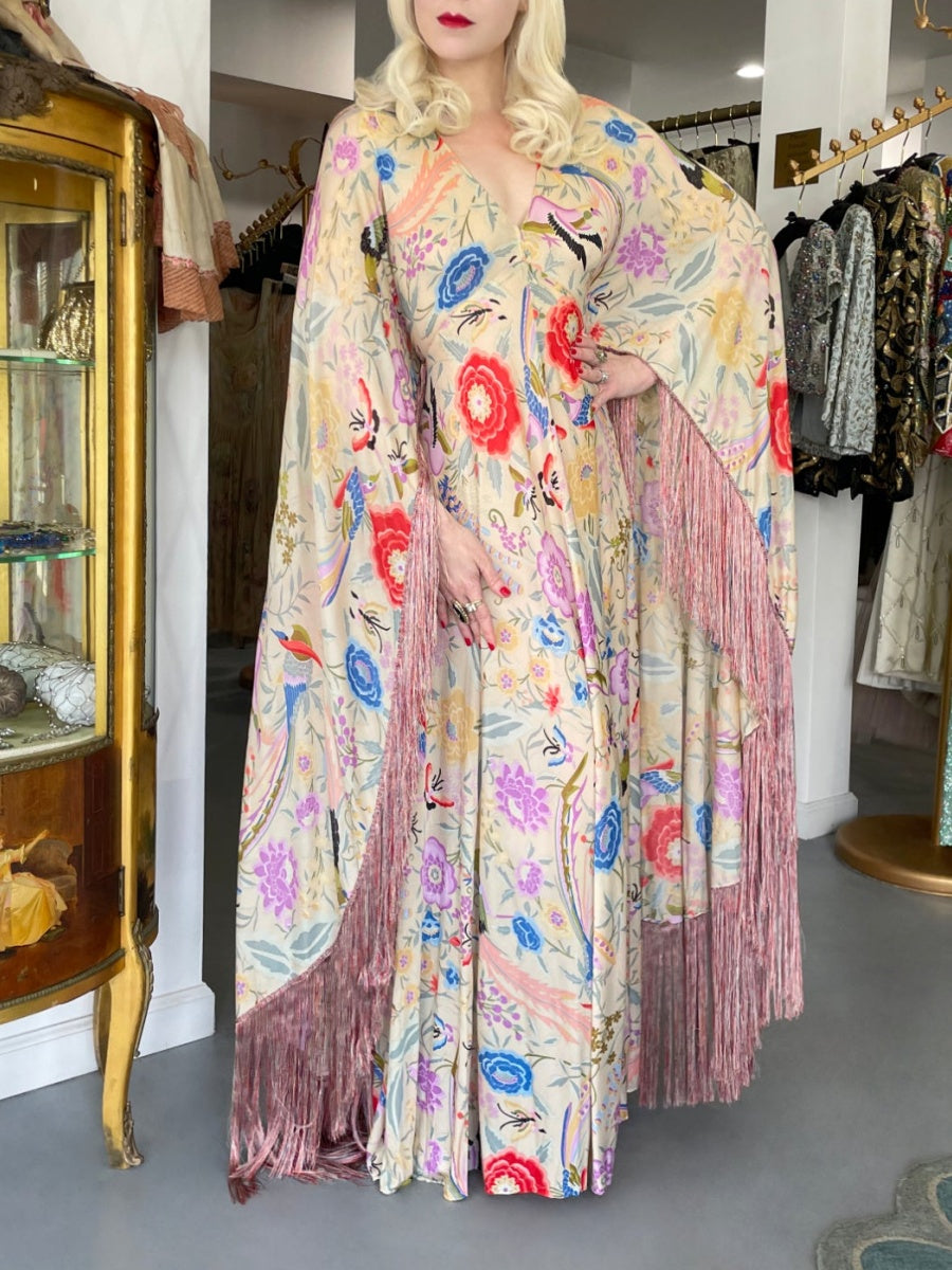 Colorful Floral Bird Print Caftan Gown