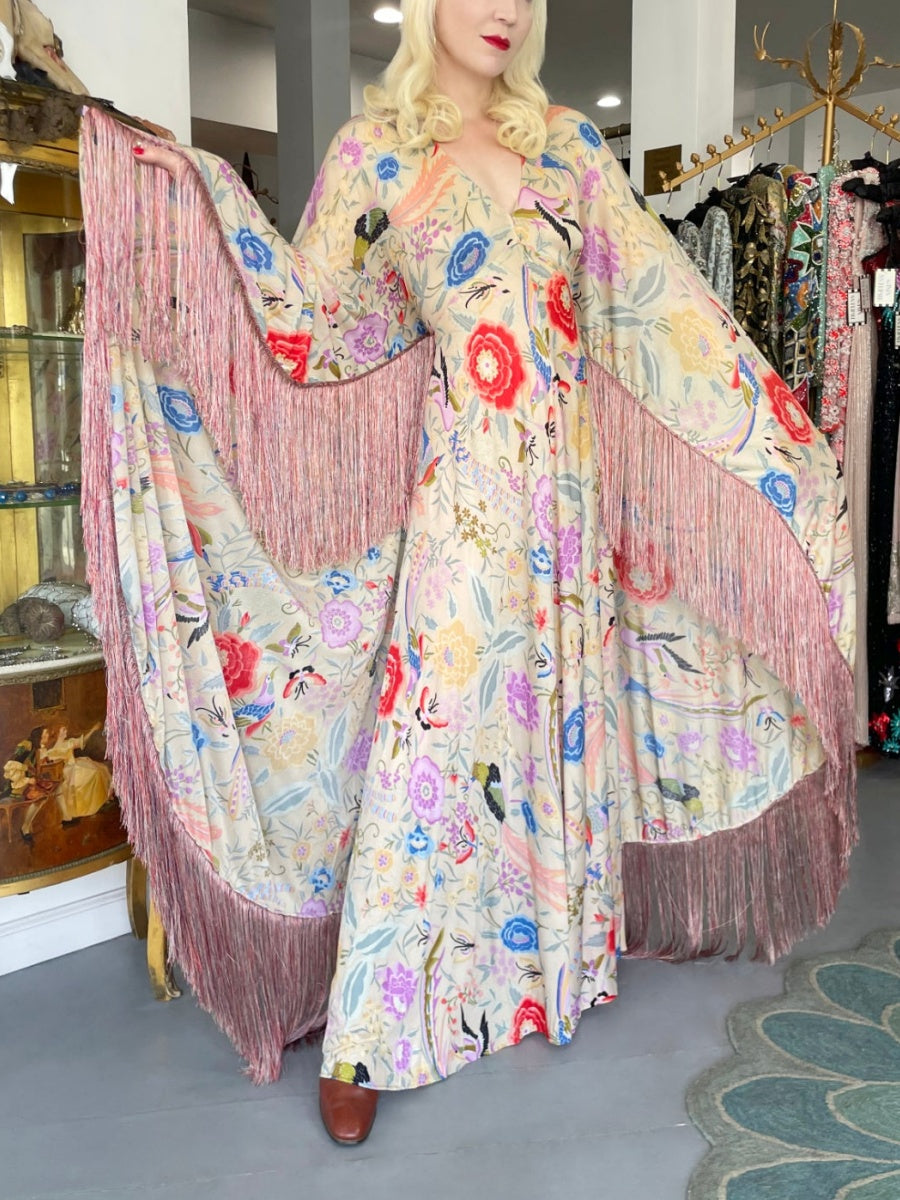 Colorful Floral Bird Print Caftan Gown