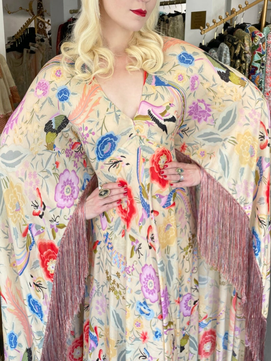 Colorful Floral Bird Print Caftan Gown