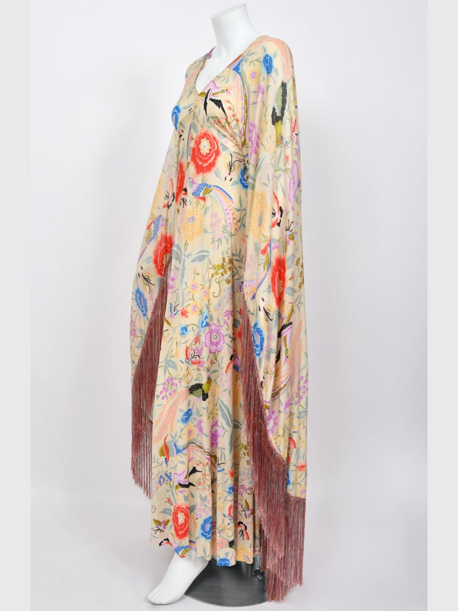 Colorful Floral Bird Print Caftan Gown