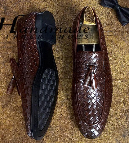 Men's Leisure Round Toe tassel braid Loafers Leather Slip On Shoes