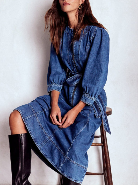 Zip Puff Sleeve Denim Dress