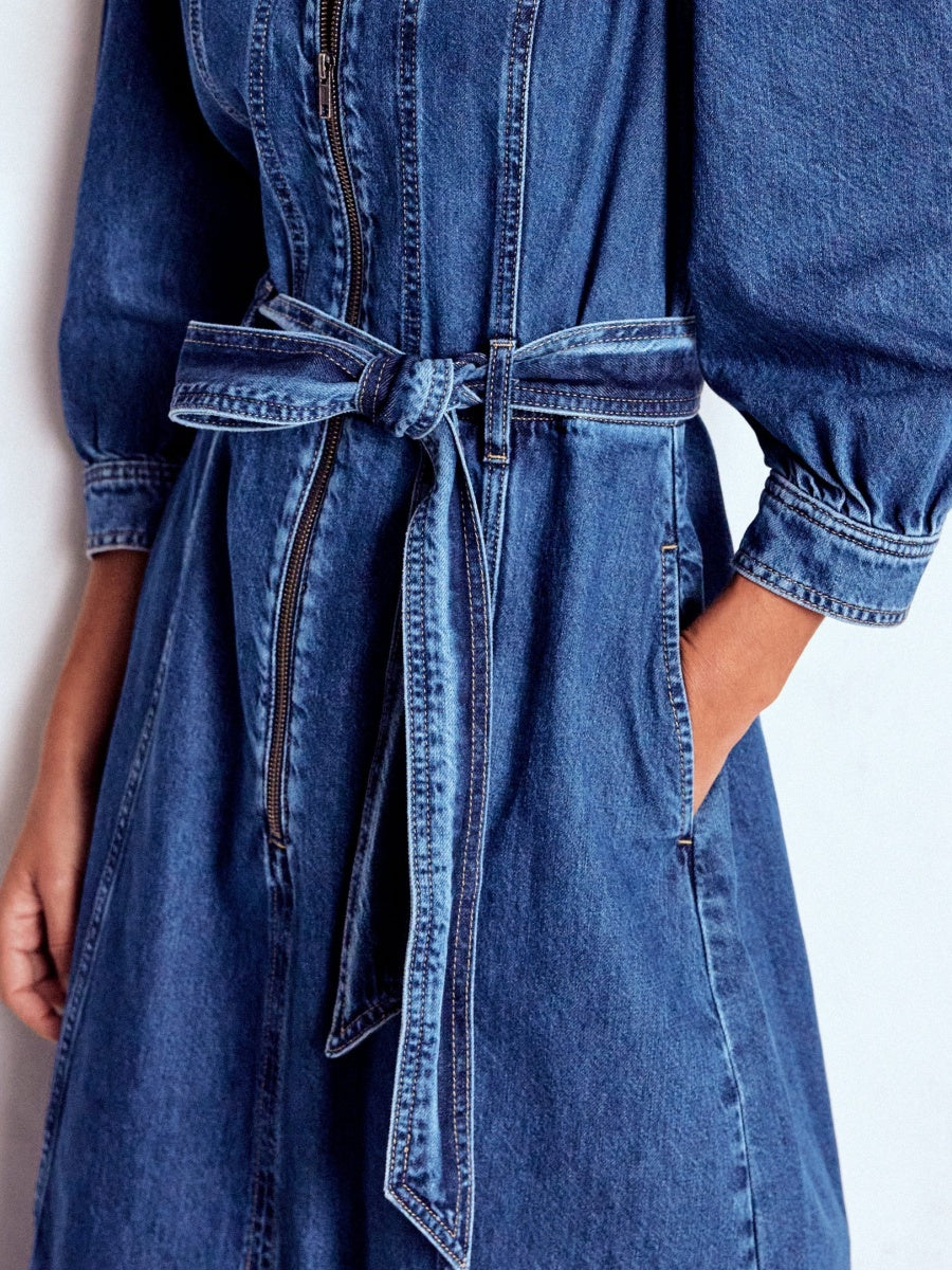 Zip Puff Sleeve Denim Dress