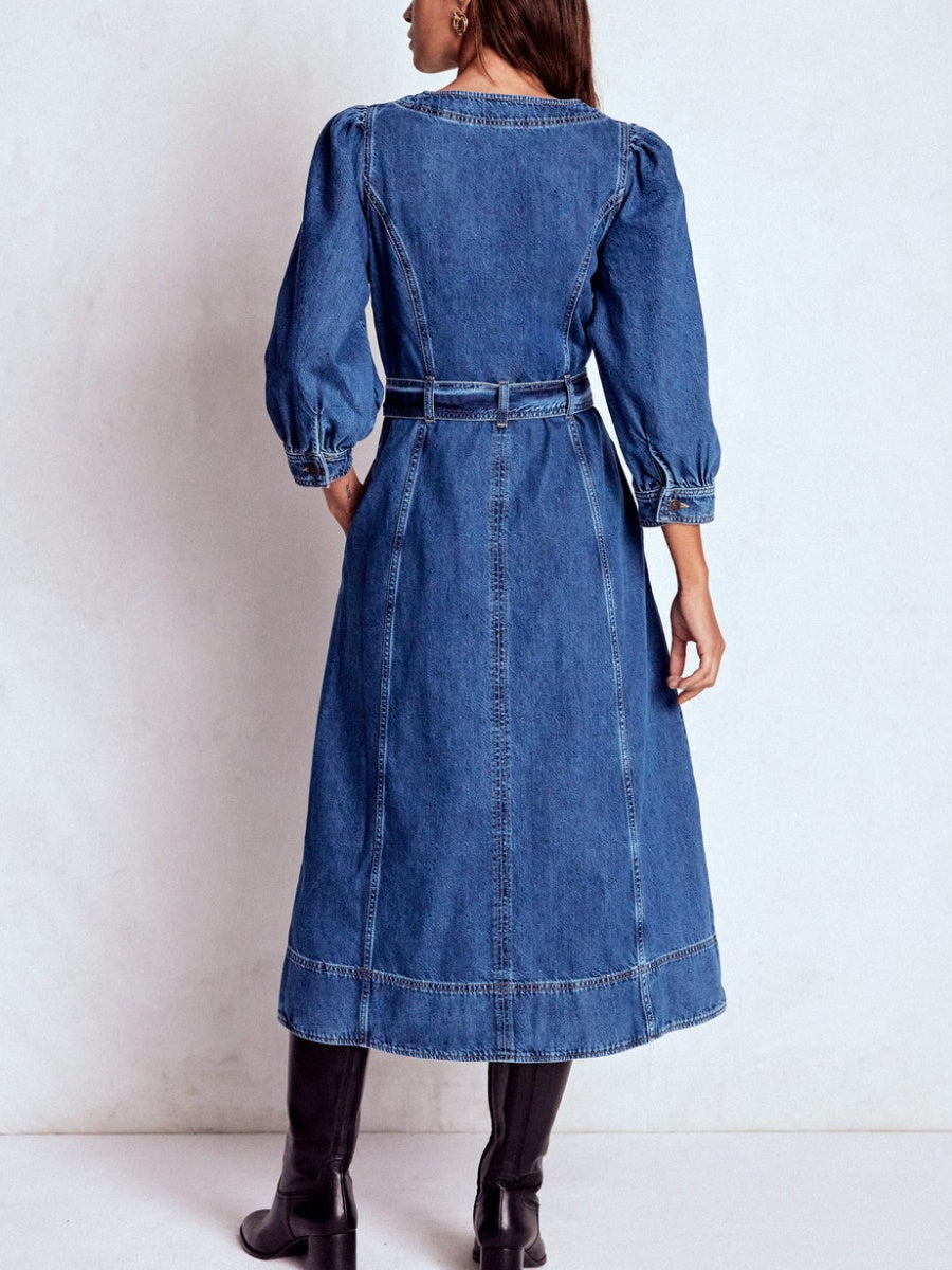 Zip Puff Sleeve Denim Dress
