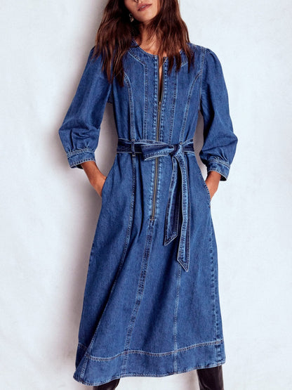 Zip Puff Sleeve Denim Dress