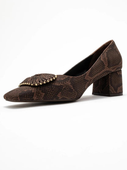 Patterned Buckled Women's Thick Heel Shoes