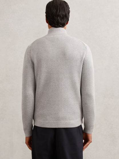 Quilted Rib-Knit Funnel-Neck Jacket