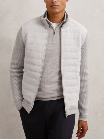 Quilted Rib-Knit Funnel-Neck Jacket
