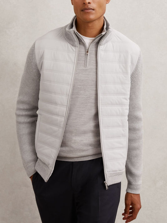 Quilted Rib-Knit Funnel-Neck Jacket