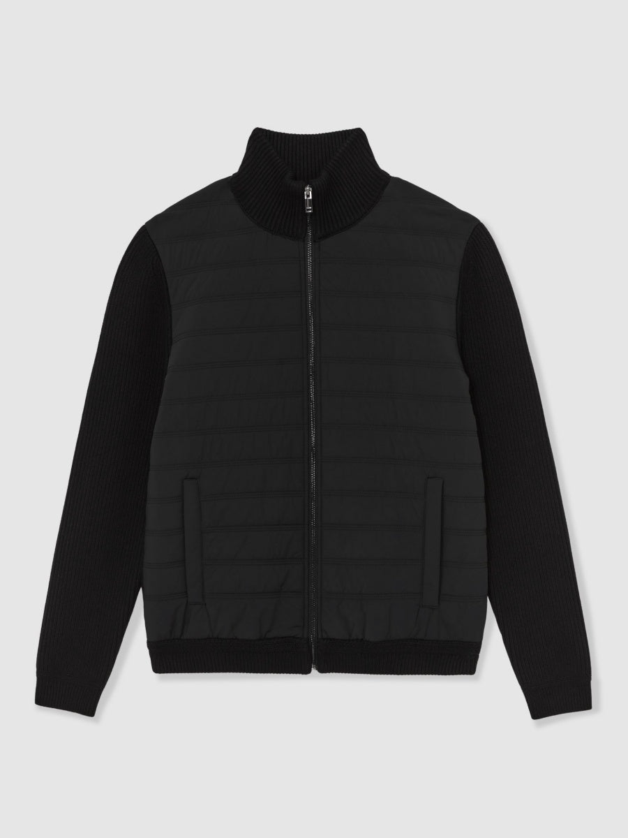 Quilted Rib-Knit Funnel-Neck Jacket