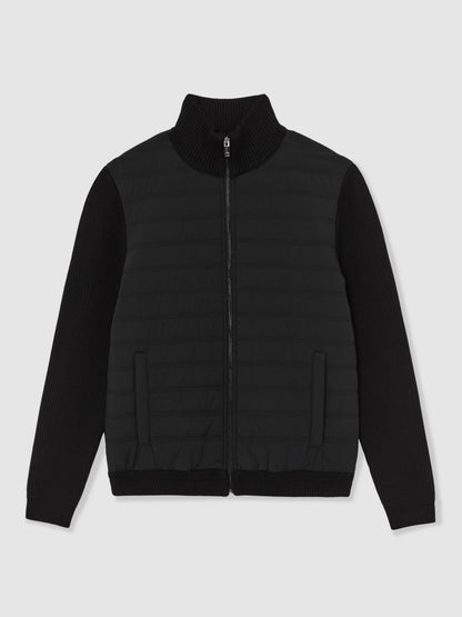 Quilted Rib-Knit Funnel-Neck Jacket