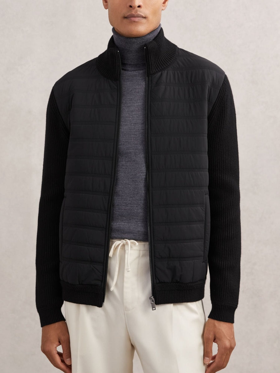 Quilted Rib-Knit Funnel-Neck Jacket