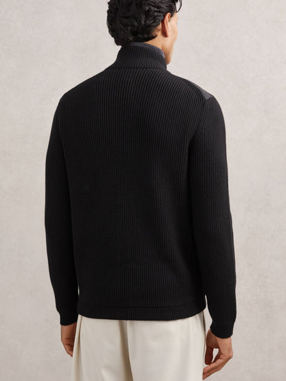 Quilted Rib-Knit Funnel-Neck Jacket