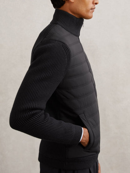 Quilted Rib-Knit Funnel-Neck Jacket