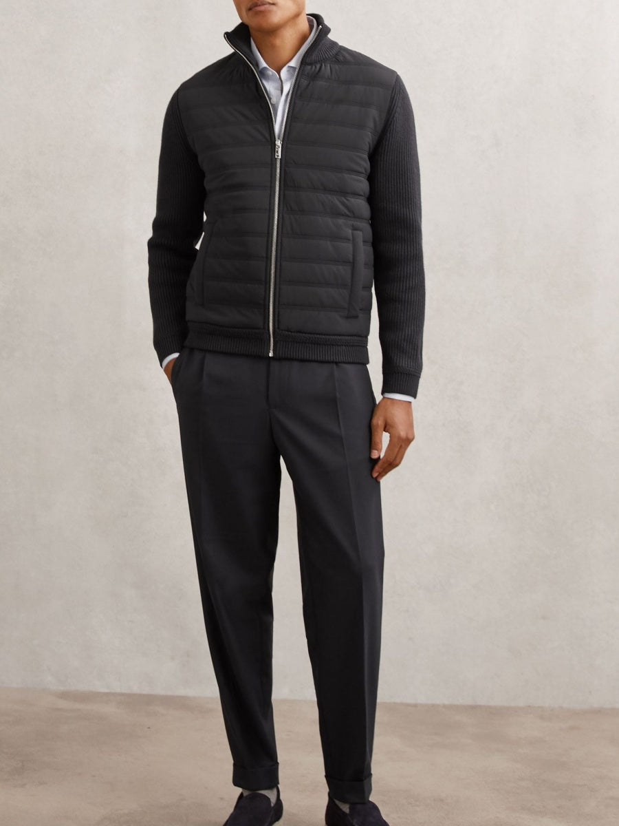 Quilted Rib-Knit Funnel-Neck Jacket