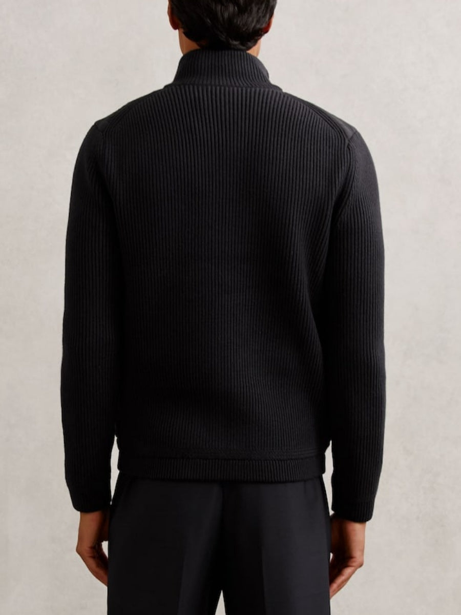 Quilted Rib-Knit Funnel-Neck Jacket