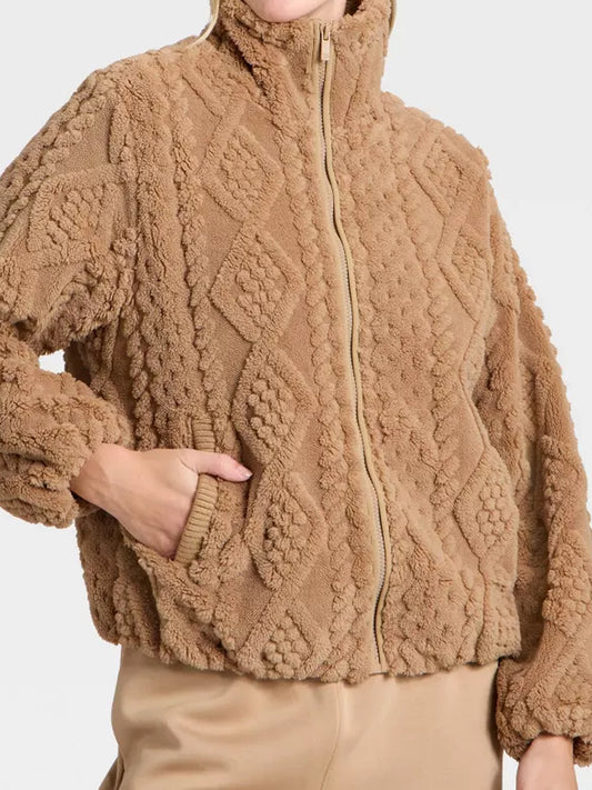 Cable Knit Texture High Pile Fleece Jacket
