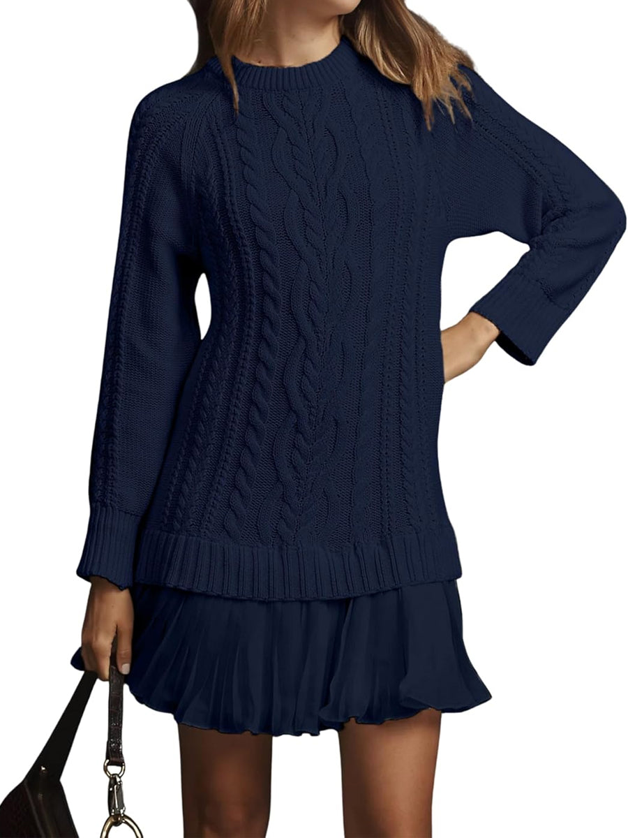 Cable Knit Sweater Dress Pleated Mini Dress