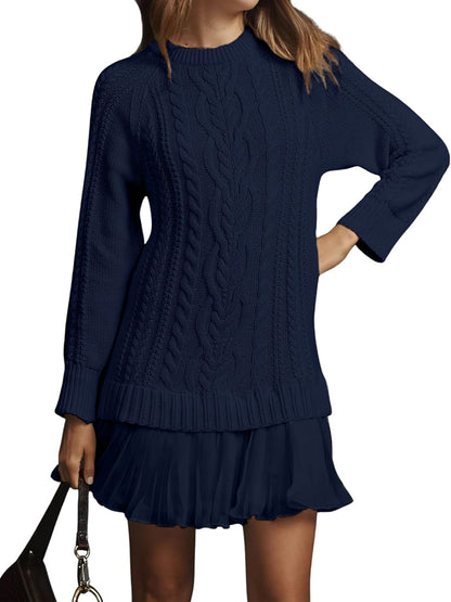 Cable Knit Sweater Dress Pleated Mini Dress