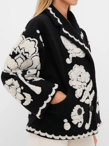 Shawl collar Floral Arabesque Fleece Coat