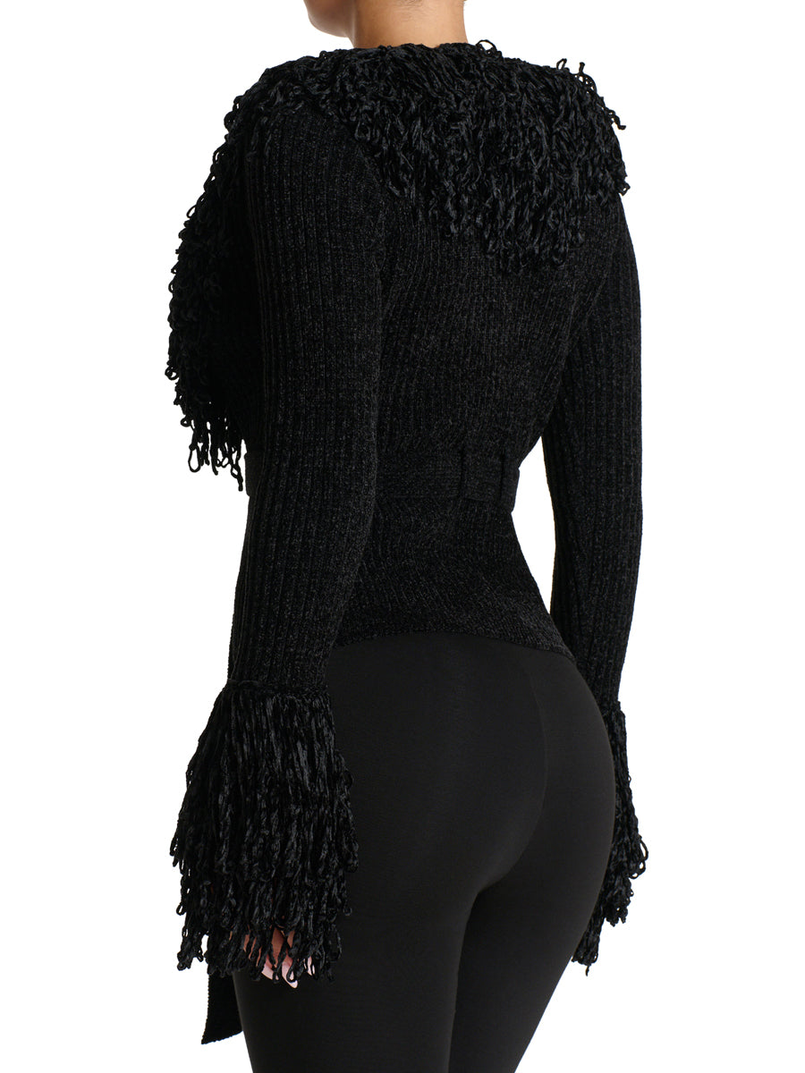 Fringe Tie Waist Deep V Neck Cardigan