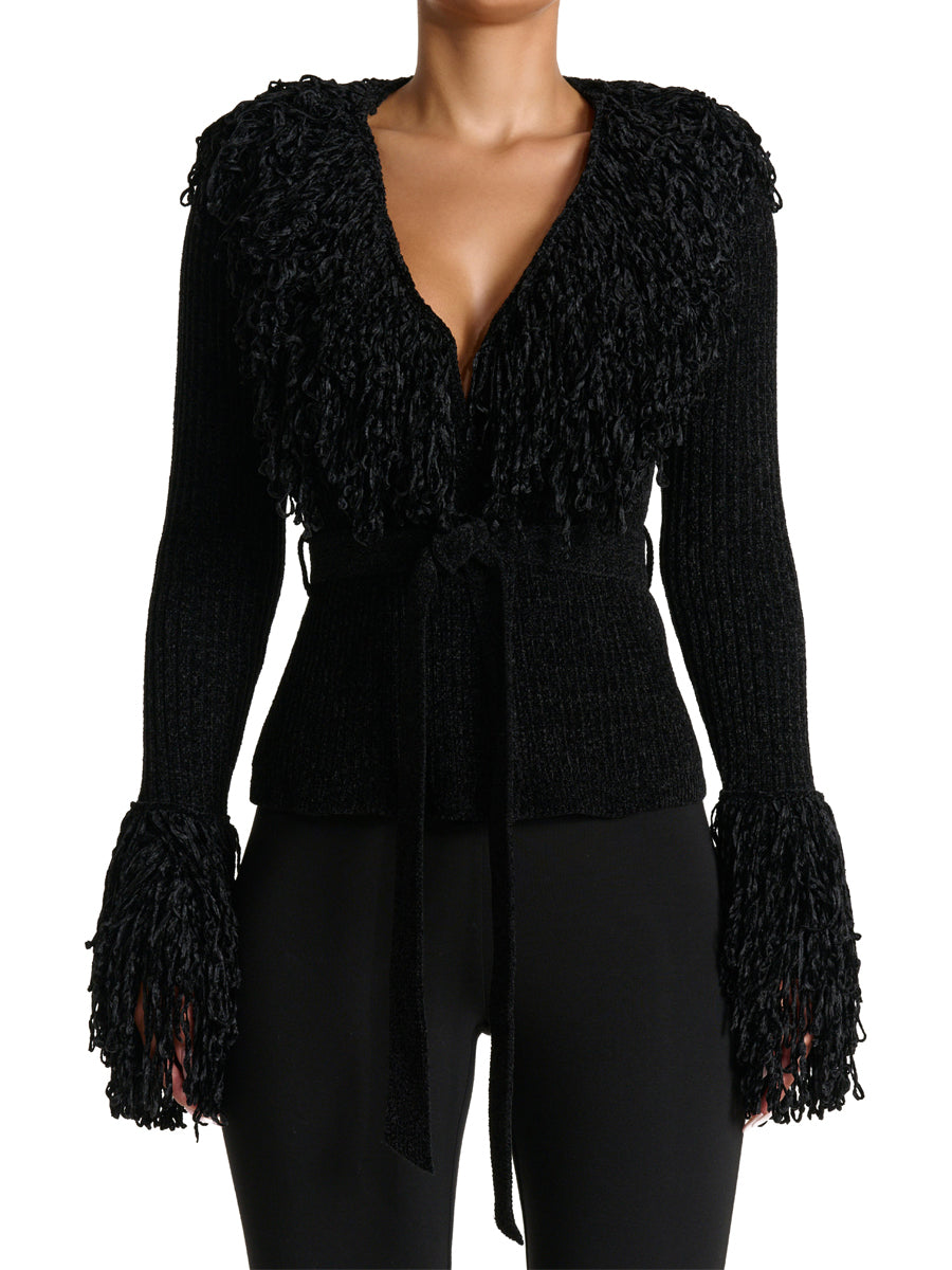 Fringe Tie Waist Deep V Neck Cardigan