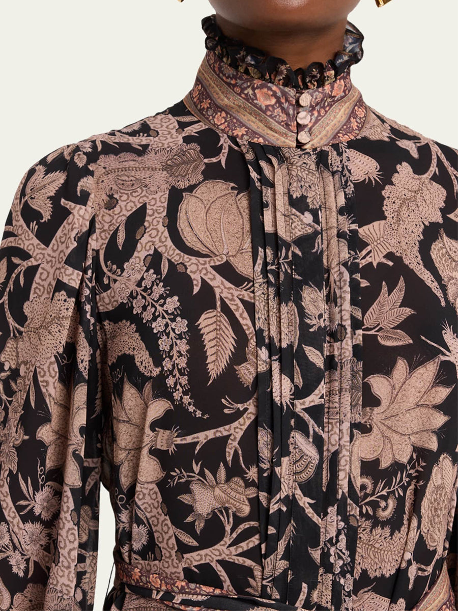 High Collar Floral-Print Balloon Sleeves Midi Dress