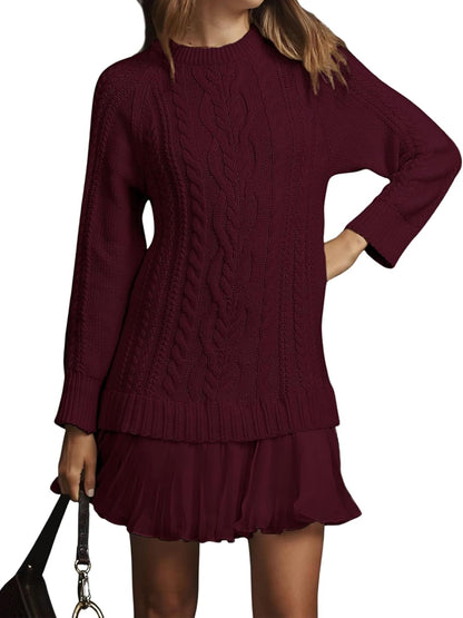 Cable Knit Sweater Dress Pleated Mini Dress