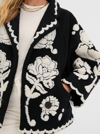 Shawl collar Floral Arabesque Fleece Coat