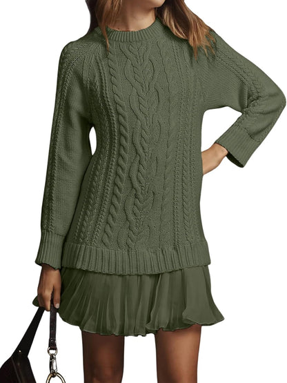 Cable Knit Sweater Dress Pleated Mini Dress