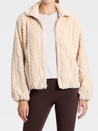 Cable Knit Texture High Pile Fleece Jacket
