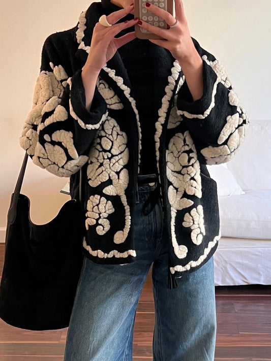 Shawl collar Floral Arabesque Fleece Coat