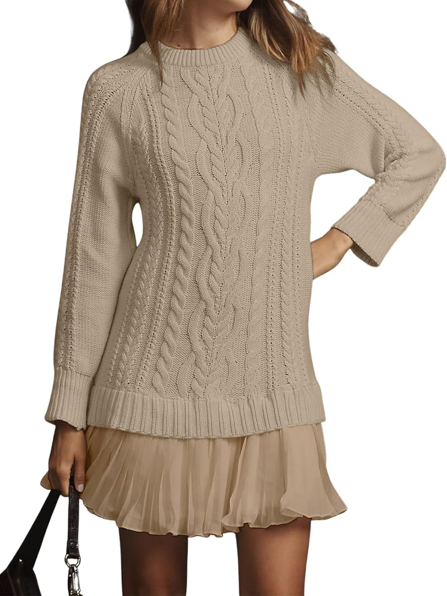 Cable Knit Sweater Dress Pleated Mini Dress