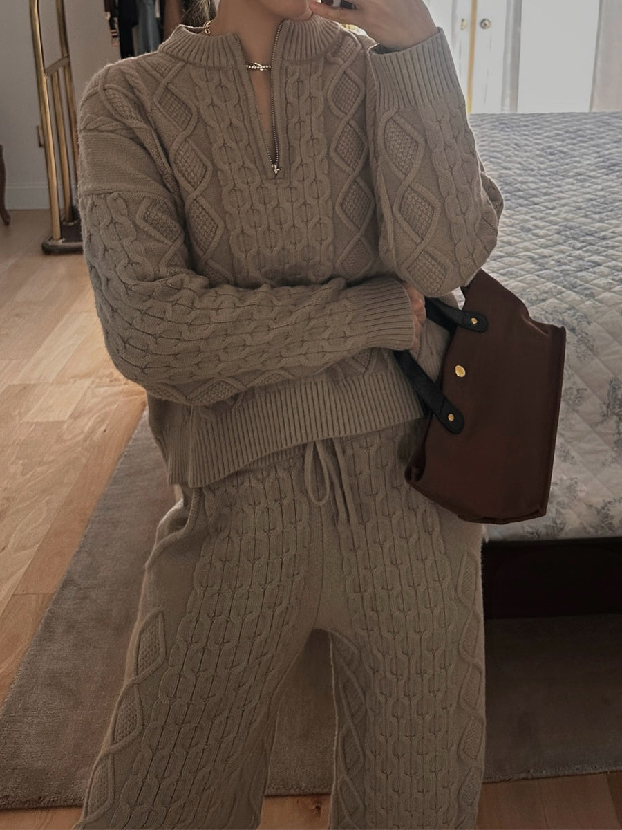 Half-zip Neck Cable Knit Sweater Two Pieces Set
