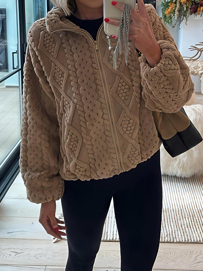 Cable Knit Texture High Pile Fleece Jacket