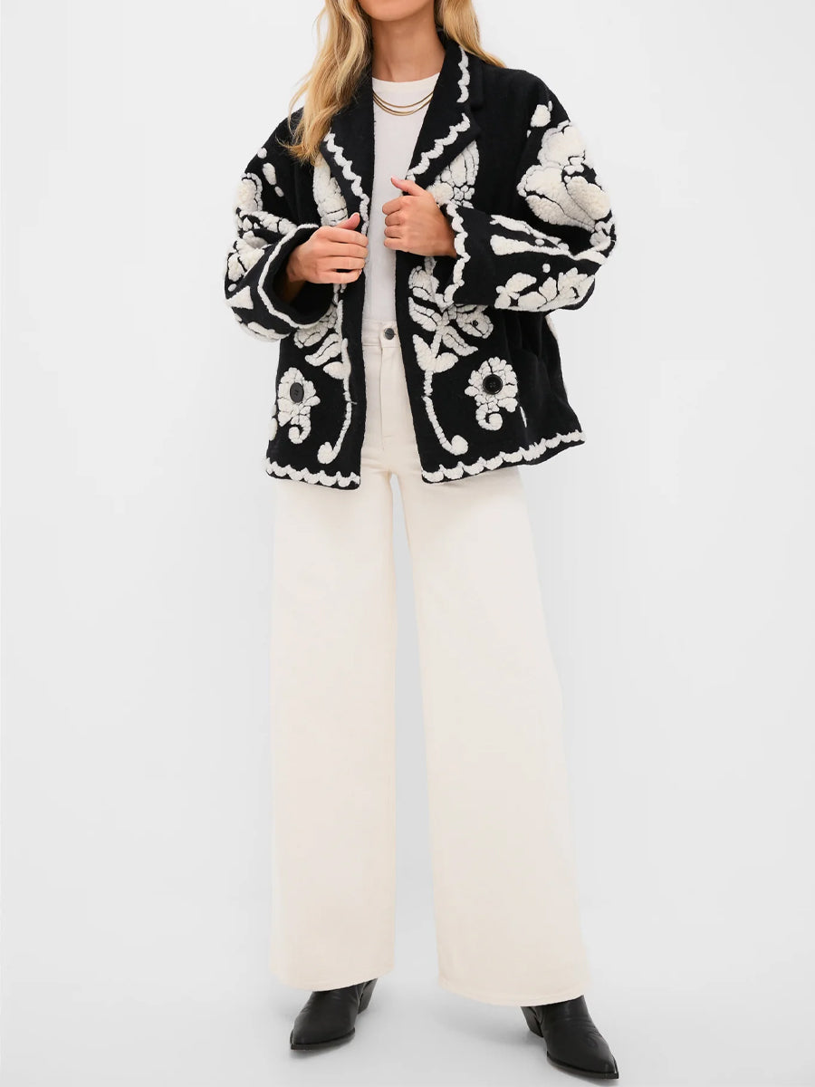 Shawl collar Floral Arabesque Fleece Coat