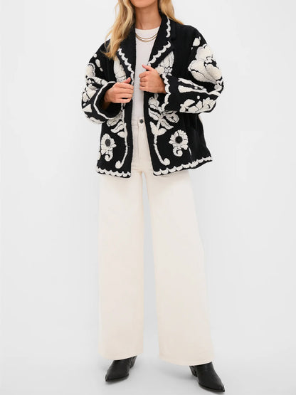 Shawl collar Floral Arabesque Fleece Coat