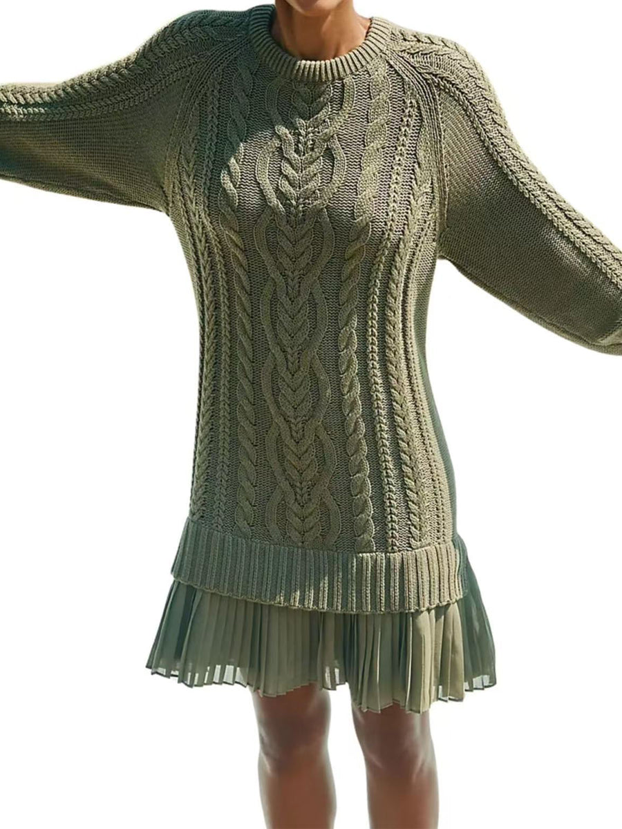 Cable Knit Sweater Dress Pleated Mini Dress