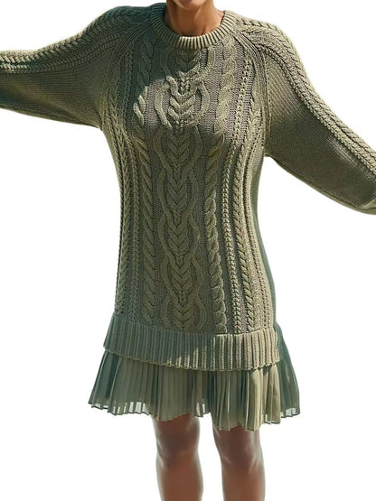 Cable Knit Sweater Dress Pleated Mini Dress